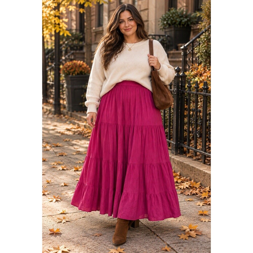 NWT Ashley Stewart Tiered Maxi Skirt Pink Fuschia 14/16 Gauze Boho Y2K Dopamine